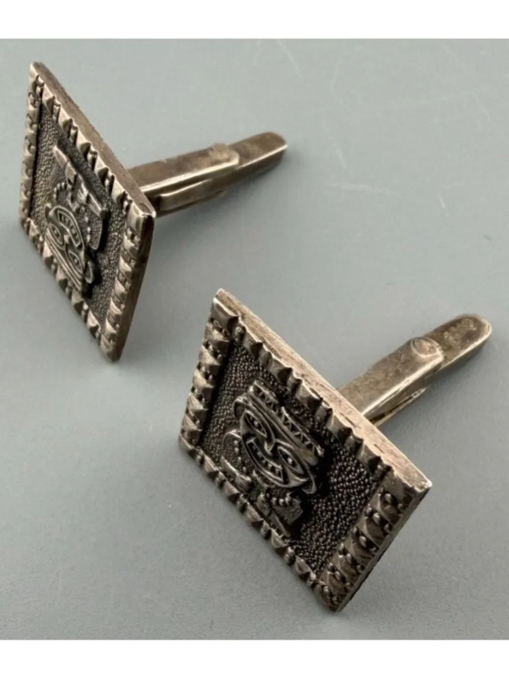 Vintage Cuff Links Aztec Style Sterling Silver Square Relief XRF Tested 3/4